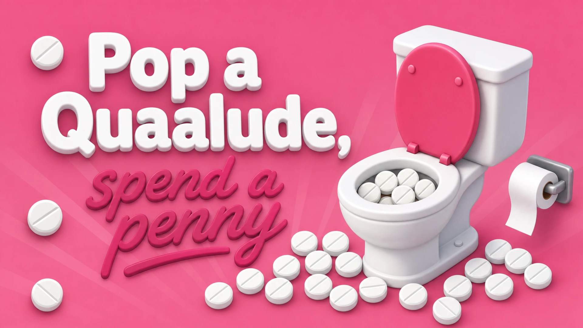 Quaaludes pixel-art banner: 'Pop a Quaalude, spend a penny' in pixel type, pills scattered around a toilet with a pink lid — satirical, fictional artwork
